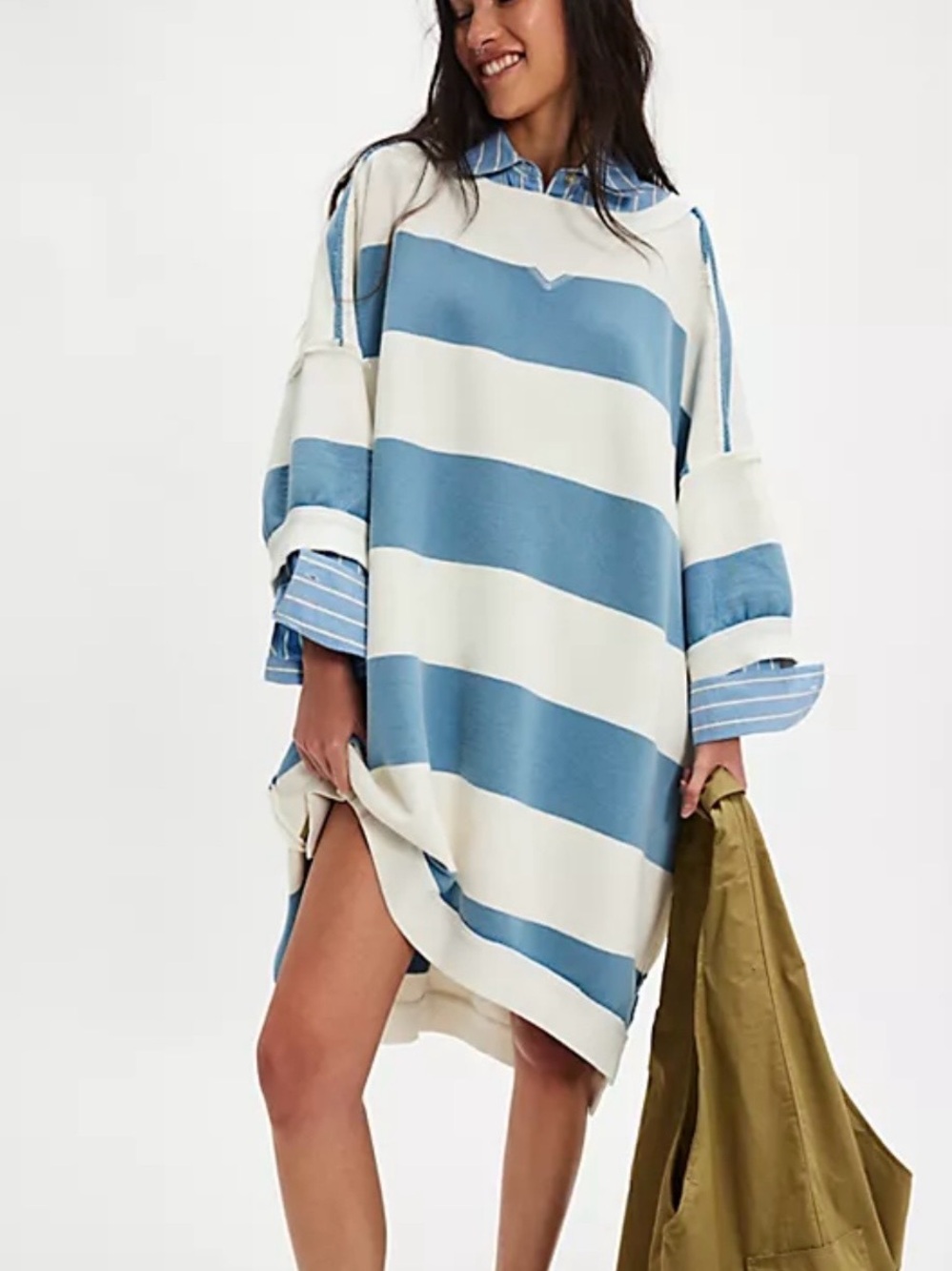 Free People Oversized Blue and White Striped Hoodie Dress